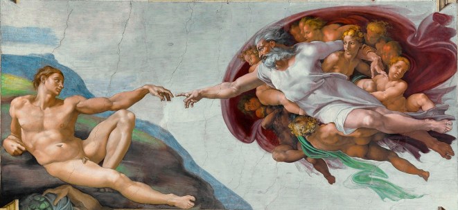 The Creation of Adam, detail of the ceiling fresco by Michelangelo, 1508–12; in the Sistine Chapel, Vatican City.